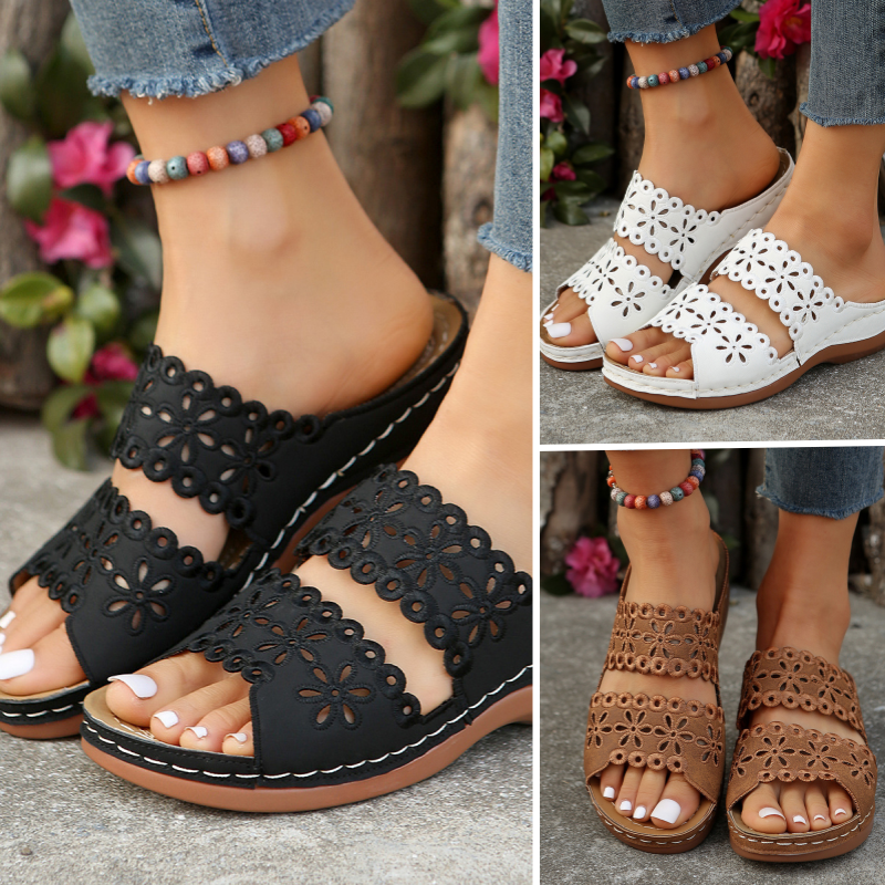 Casual Slippers voor Dames met Platte Zool en Opengewerkt Bloemenmotief