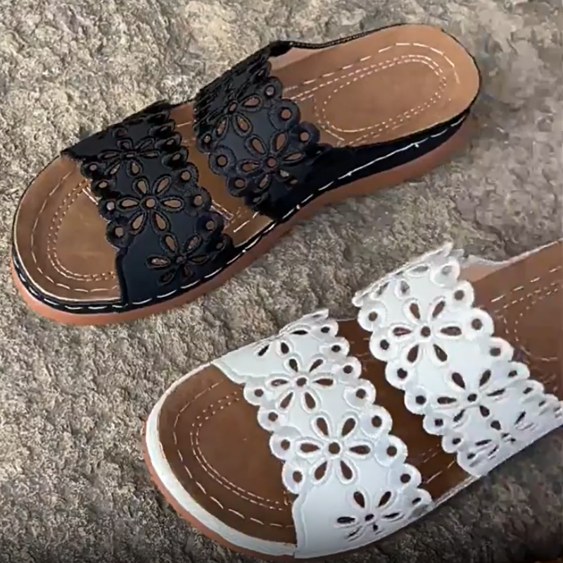 Casual Slippers voor Dames met Platte Zool en Opengewerkt Bloemenmotief