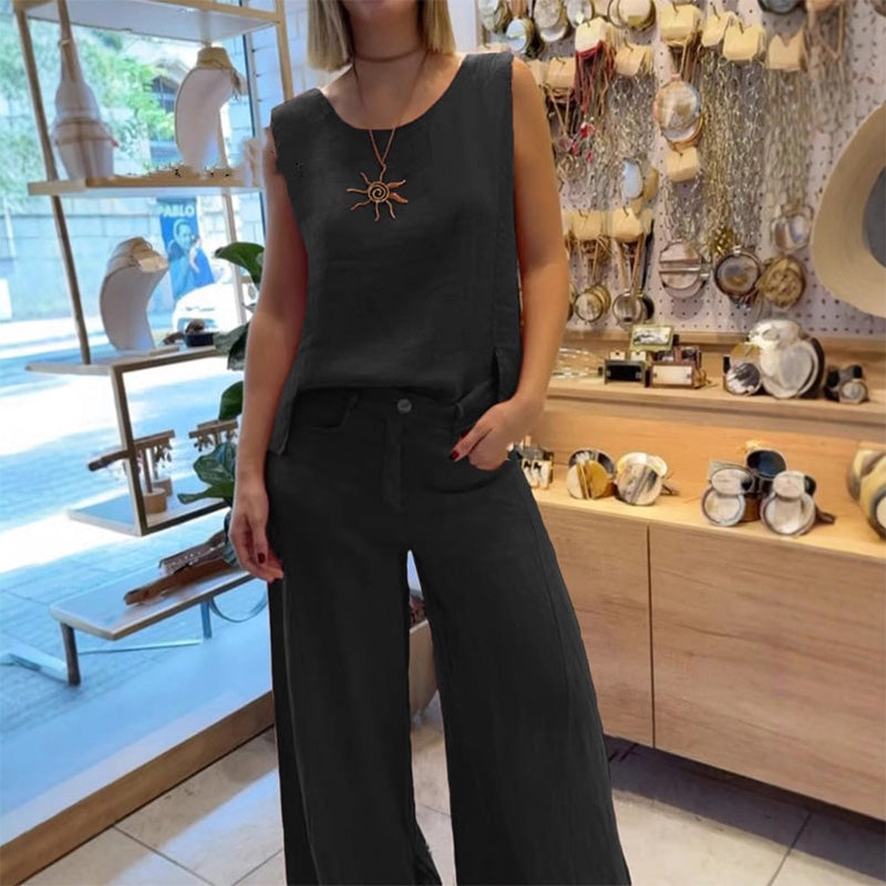 Effen mouwloze top en broek met wijde pijpen, 2-pak set