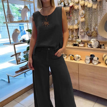 Effen mouwloze top en broek met wijde pijpen, 2-pak set