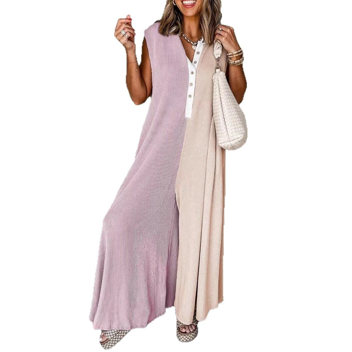 Casual jumpsuit voor dames met wijde pijpen en colour block-patroon