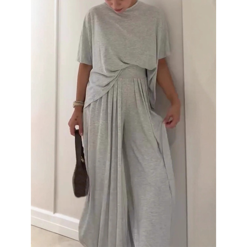 Dames solide losse korte mouwtop en brede pootbroek 2-delige set