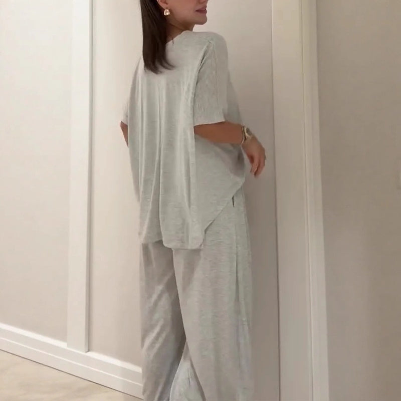 Dames solide losse korte mouwtop en brede pootbroek 2-delige set