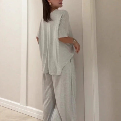 Dames solide losse korte mouwtop en brede pootbroek 2-delige set