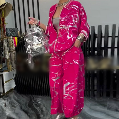 Losvallende 2-delige set voor dames: jasje en broek met elastische tailleband