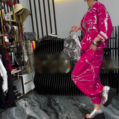 Losvallende 2-delige set voor dames: jasje en broek met elastische tailleband