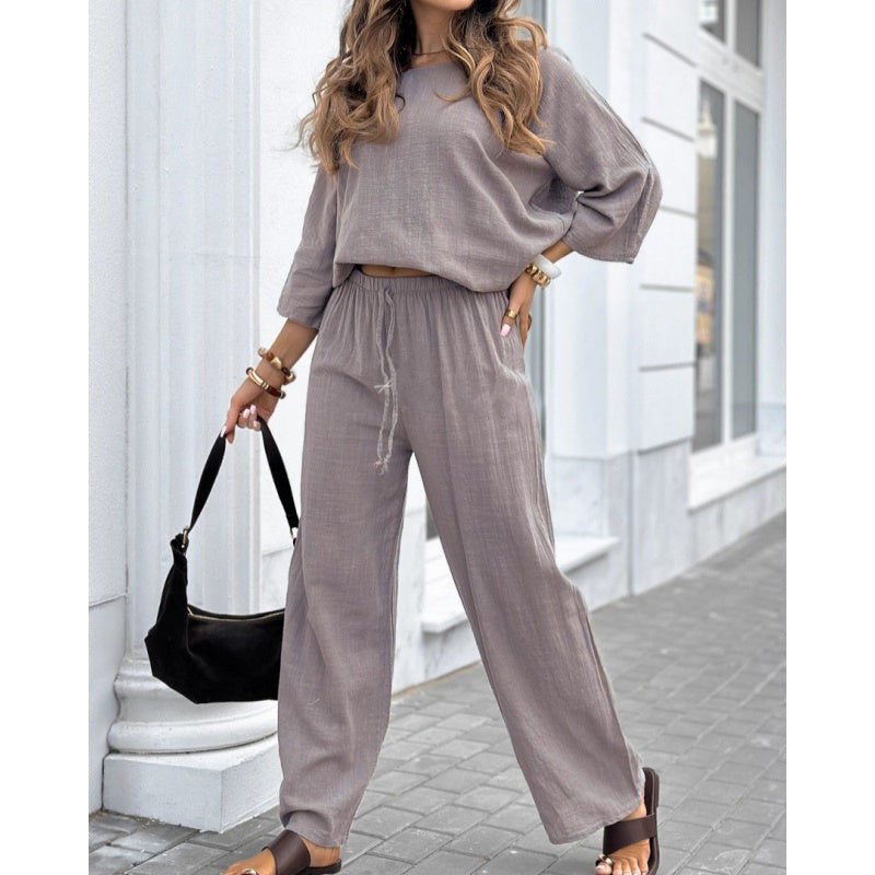 Dames Casual Effen Kleur Lange Mouwen Top en Broek Set