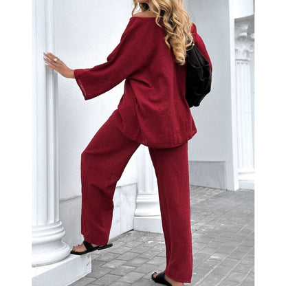 Dames Casual Effen Kleur Lange Mouwen Top en Broek Set