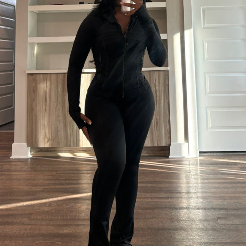 Sexy effen kleurige set met lange mouwen top en broek