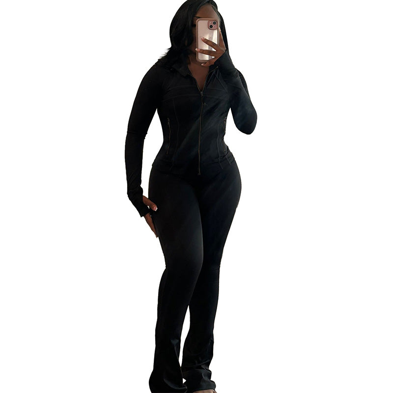 Sexy effen kleurige set met lange mouwen top en broek