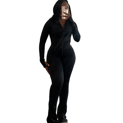 Sexy effen kleurige set met lange mouwen top en broek