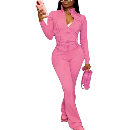 Sexy effen kleurige set met lange mouwen top en broek