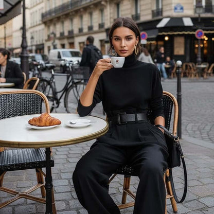 🔥 Elegante dames set – Coltrui & hoge taille broek met gratis riem | Tijdelijk voordeel!