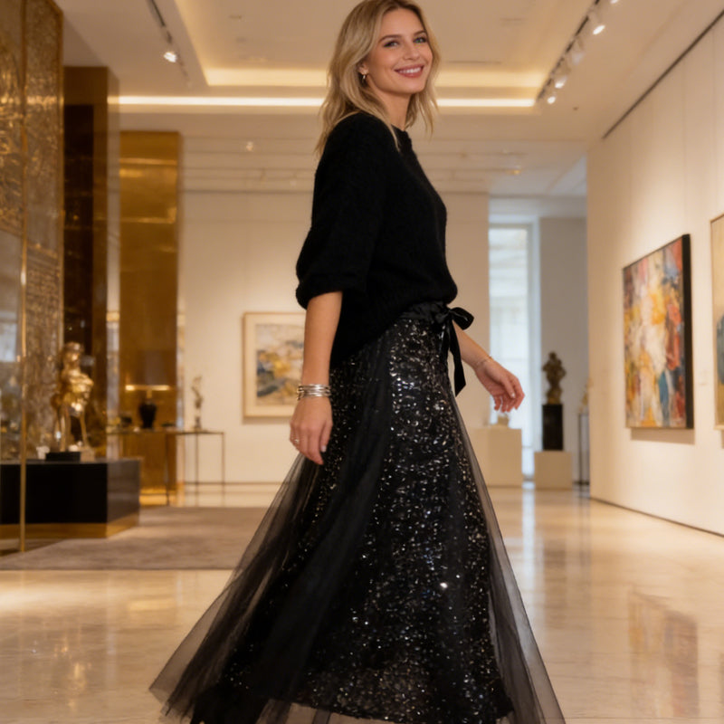 🎁Nieuw binnen 45% KORTING 👗 Dames top met glitter en tule rok set - een schitterende en elegante tweedelige set ✨