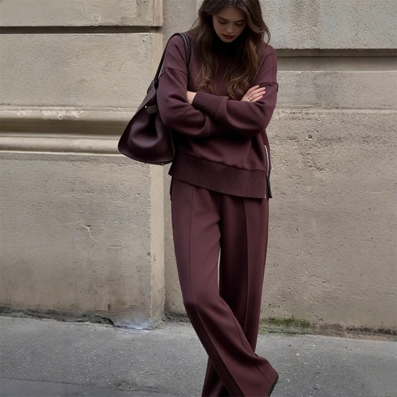 ✈️Gratis Verzending！Sweatshirt met hoge kraag en ritssluiting aan de zijkant & broekenset
