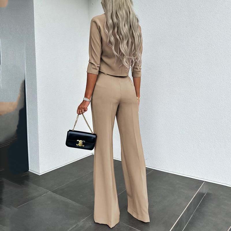 💃Ensemble deux pièces élégant pour femme : crop top à col montant et pantalon large taille haute⏰Nouveautés : 50 % de réduction