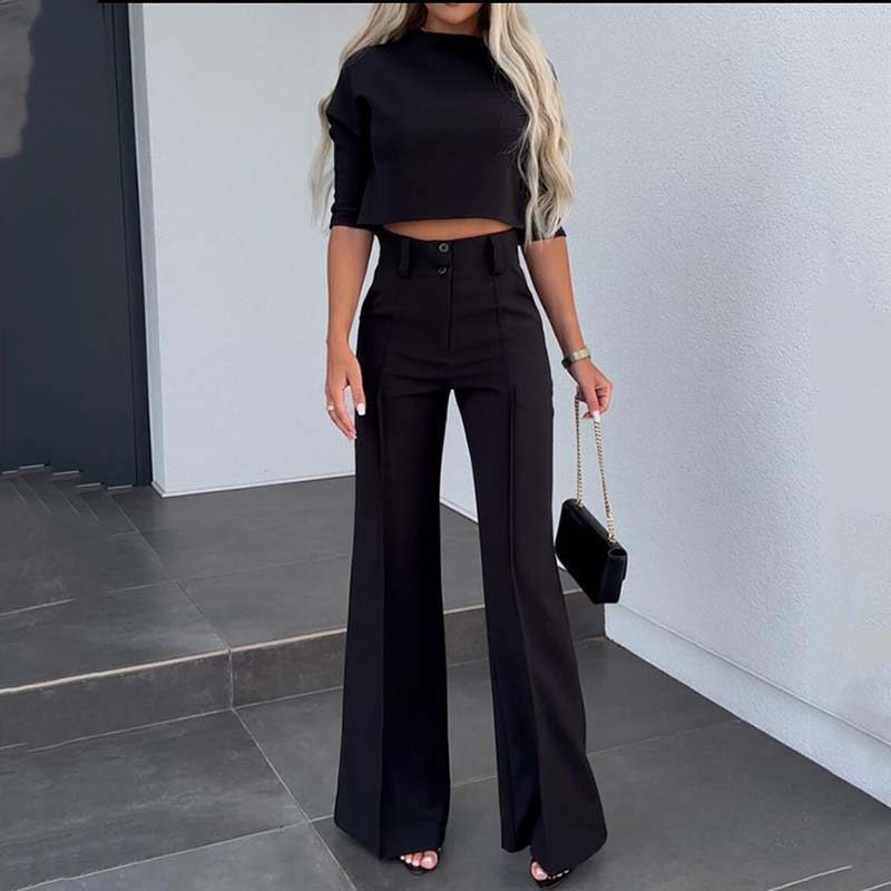 💃Ensemble deux pièces élégant pour femme : crop top à col montant et pantalon large taille haute⏰Nouveautés : 50 % de réduction