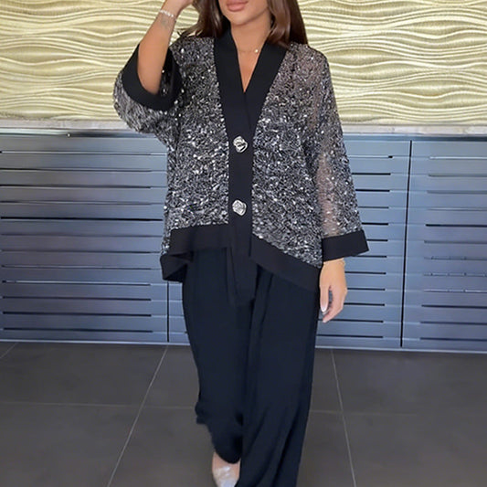 ✈️Tijdelijk gratis levering!✨👗Dames V-hals sequin vest & wijde broek 2-delige set