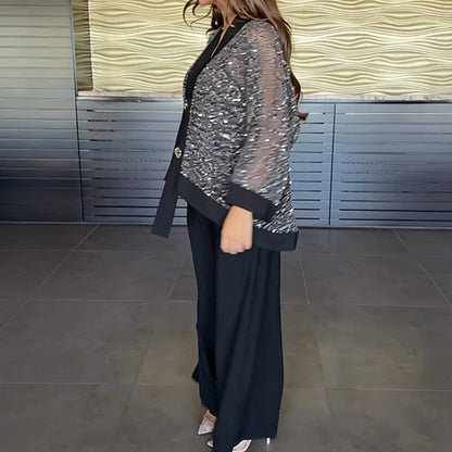 ✈️Tijdelijk gratis levering!✨👗Dames V-hals sequin vest & wijde broek 2-delige set