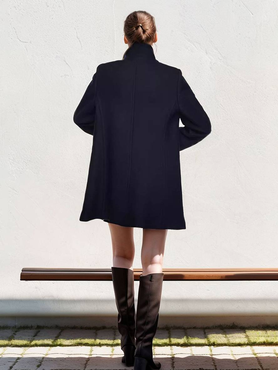 Dames Wollen Jas met Dubbele Knopen en Hoge Kraag