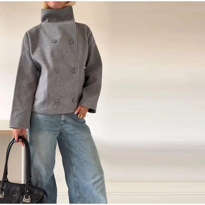 Wolblend Dames Jas met Hoge Kraag en Dubbele Knopen