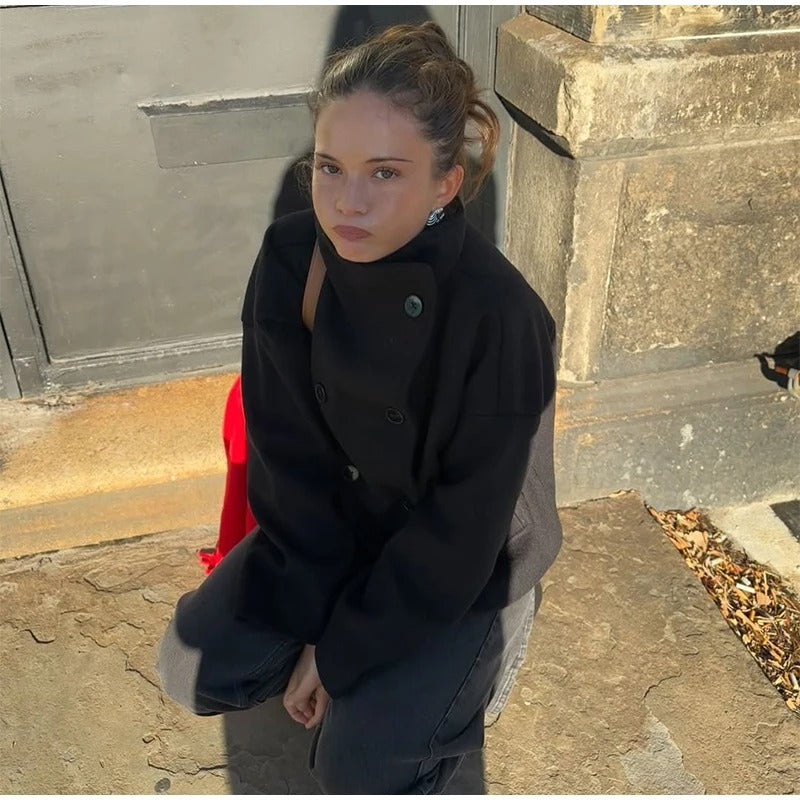 Wolblend Dames Jas met Hoge Kraag en Dubbele Knopen