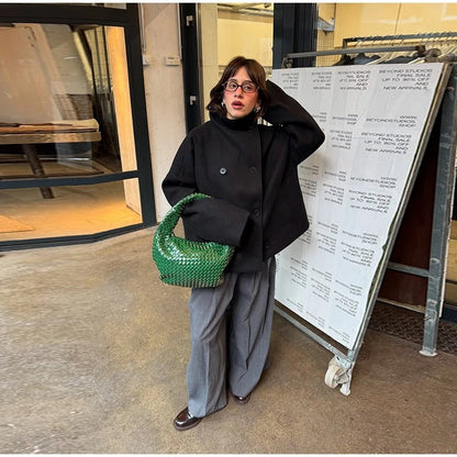 Wolblend Dames Jas met Hoge Kraag en Dubbele Knopen