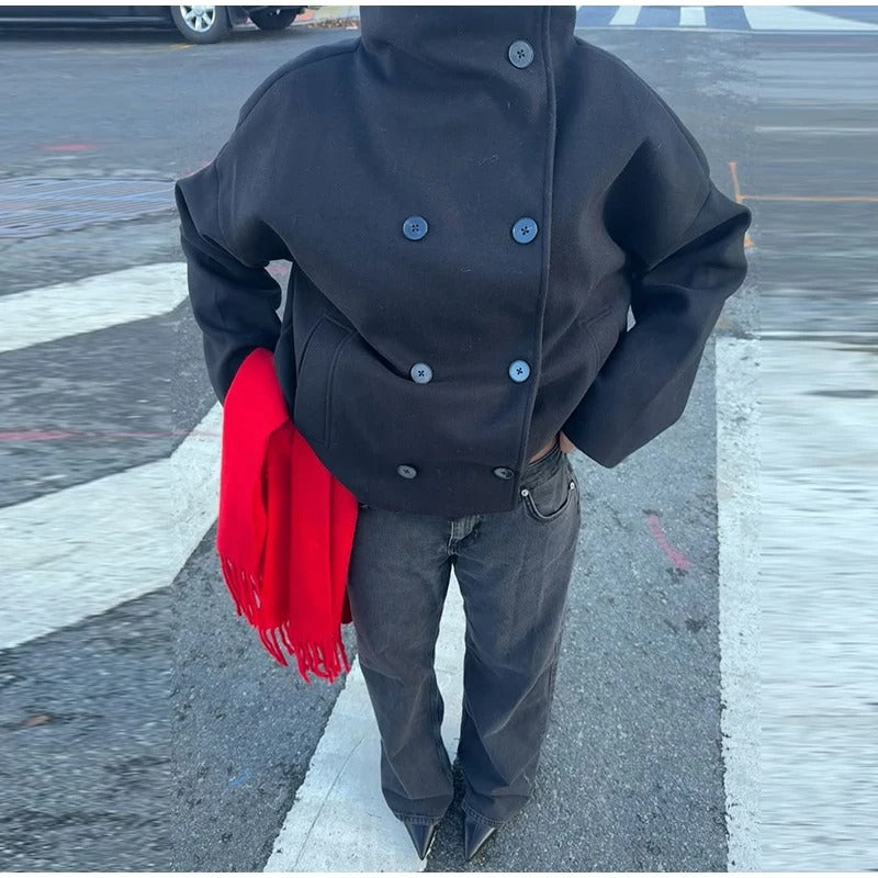 Wolblend Dames Jas met Hoge Kraag en Dubbele Knopen